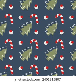 Christmas seamless pattern. Xmas tree and candy cane on dark blue background. Holiday design for wrapping paper or greeting card. Vector illustration