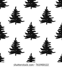 Christmas seamless pattern. Xmas tree  with snowflakes. Black and white 