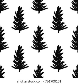 Christmas seamless pattern. Xmas tree  with snowflakes. Black and white 