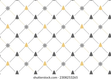 Christmas seamless pattern with X-mas trees, geometric rhombus shapes and diagonal dotted lines. Black and gold New Year background for wallpaper, print, card. Flat style Holiday vector illustration