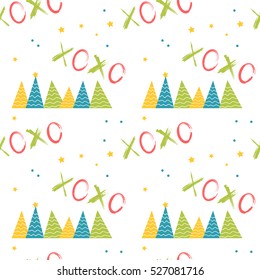 Christmas seamless pattern XOXO and Christmas tree. Hand drawn