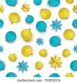 Christmas seamless pattern with yellow and blue balls and stars on white background. Flat lay, isolated seamless pattern.Top view. Vector Illustration.
