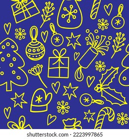 Patrón de Navidad sin costura, amarillo sobre un fondo oscuro, los elementos son dibujados a mano en el estilo de doodle. Regalos, copos de nieve, decoraciones navideñas