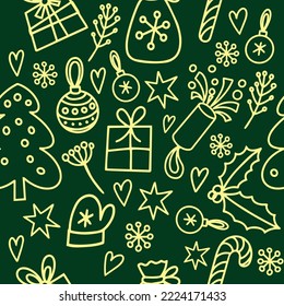 Christmas seamless pattern, yellow on a dark background, the elements are hand-drawn in the style of doodle. Gifts, snowflakes, Christmas decorations