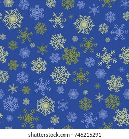 Christmas seamless pattern with yellow snowflakes on dark blue background