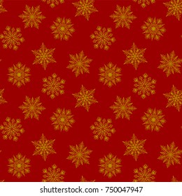 Christmas seamless pattern with yellow snowflakes on red background