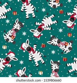 Christmas seamless pattern with zebra background, Winter pattern with happy zebra, wrapping paper, pattern fills, winter greetings, web page background, Christmas and New Year greeting cards