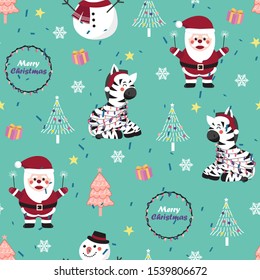 Christmas seamless pattern with zebra background, Winter pattern with santa and snowman, wrapping paper, pattern fills, winter greetings, web page background, Christmas and New Year greeting cards