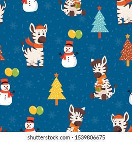 Christmas seamless pattern with zebra background, Winter pattern with christmas party, wrapping paper, pattern fills, winter greetings, web page background, Christmas and New Year greeting cards