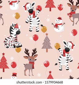 Christmas seamless pattern with zebra background, Winter pattern with deer, wrapping paper, pattern fills, winter greetings, web page background, Christmas and New Year greeting cards