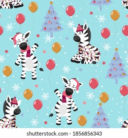 Christmas seamless pattern with zebra background, Winter pattern with happy zebra, wrapping paper, winter greetings, web page background, Christmas and New Year greeting cards