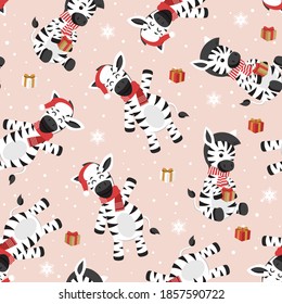 Christmas seamless pattern with zebra background, Winter pattern with happy zebra, wrapping paper, winter greetings, web page background, Christmas and New Year greeting cards