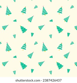 Christmas seamless pattern.Green pine holly tree repeat pattern on beige background.Graphic vector illustration wallpaper.