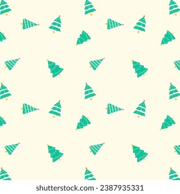 Christmas seamless pattern.Green pine holly tree repeat pattern on beige background.Graphic vector illustration wallpaper.