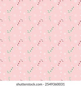 Christmas seamless pattern.Green and red candy canes with snowflakes isolated on light red background.Vector graphic illustration background wallpaper.