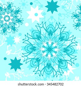 Christmas seamless pattern.Green and white snowflakes and stars on a light green background A blank for printing on fabric, wrapping paper, textiles.Printing in 4 colors