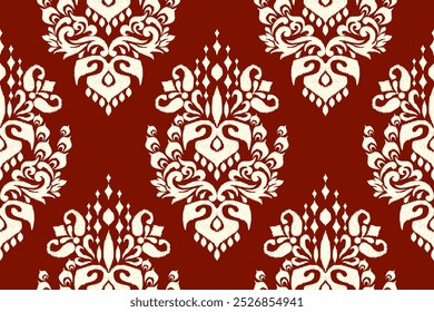 Navidades patrón sin fisuras, Ikat patrón floral sin fisuras, Navidades Ikat patrón oriental, Ilustración vectorial, fondo rojo y blanco, estilo azteca. diseño para textura, tela, ropa, decoración, bufanda.