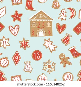 Christmas seamless patterns with 25 gingerbread cookies. Count down till christmas pattern. Repeating texture for surface design, wallpapers, fabrics, wrapping paper etc. Blue, red and white colors