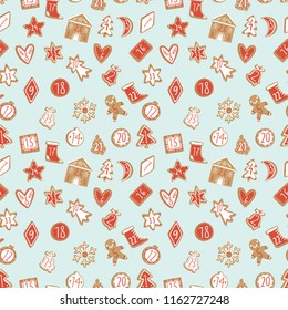 Christmas seamless patterns with 25 gingerbread cookies. Count down till christmas pattern. Repeating texture for surface design, wallpapers, fabrics, wrapping paper etc. Blue, red and white colors