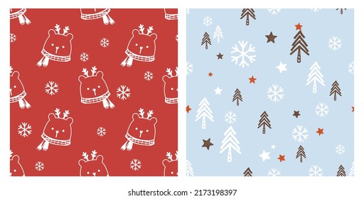 Christmas seamless patterns with bear cartoons, snow flakes, hand drawn pine tree, stars on red and blue backgrounds vector illustration.   