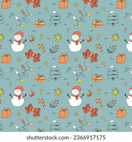 Christmas seamless patterns. Berry, gift box, lights and floral background for wrapping paper and other Christmas design. Sparkling festive wallpaper for New Year celebrations.