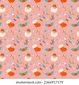 Christmas seamless patterns. Berry, gift box, lights and floral background for wrapping paper and other Christmas design. Sparkling festive wallpaper for New Year celebrations.