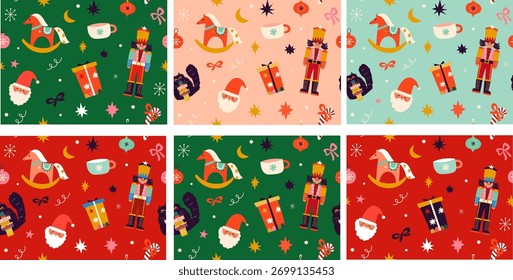 Christmas Seamless patterns. Big set of New Year and Christmas seamless patterns with holiday symbols and elements. Christmas and New Year vector backgrounds