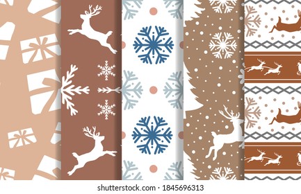 Christmas seamless patterns bundle. Christmas winter pattern designs pack. Soft color ornament for craft, and print. Floral, snowflake and animal pattern vector illustrations.