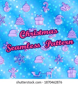 Christmas Seamless Patterns, Cartoon Signs for Holiday Design on Tile Blue Background, Sky with Stars and Circle Confetti. Vector