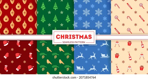 Colección navideña de patrones impecables. Iconos y siluetas de bolas de Navidad, árboles de Navidad, copos de nieve y caramelos. Ilustraciones coloridas de existencias, cajas de regalo y ciervos. texturas navideñas