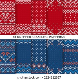 Christmas seamless patterns collection. Knitted sweater textures red and blue. Holiday fair isle traditional ornament. Set Xmas winter background. Knit prints. Wool pullover. Vector illustration