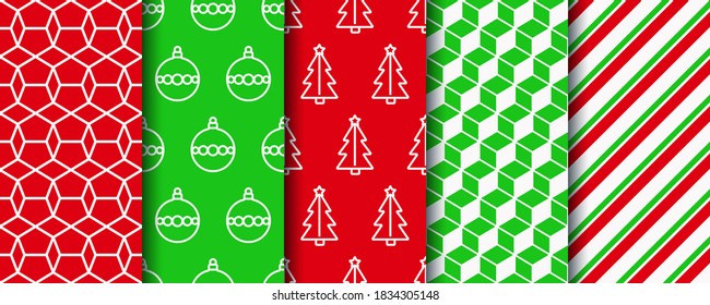 Christmas seamless patterns collection. New year texture. Festive seamless background with xmas tree, candycane stripes and geometric ornament. Holiday wrapping paper. Vector