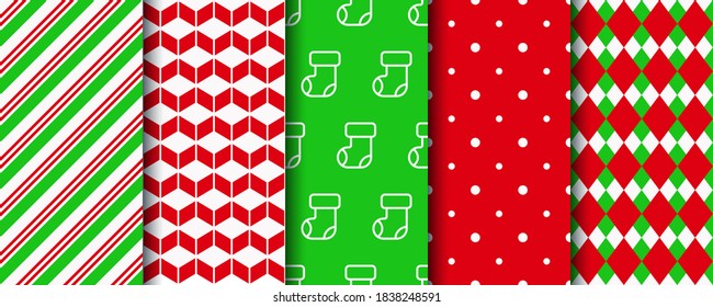 Christmas seamless patterns collection. New year wrapping paper swatches. Festive seamless background with xmas, candycane stripes, polka dot and geometric ornament. Holiday textures. Vector