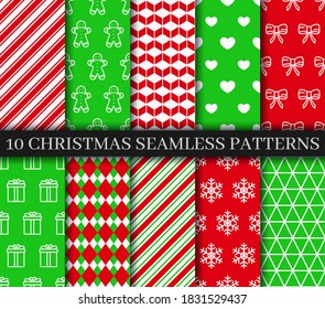 Christmas seamless patterns collection. Vector New year texture. Festive seamless background with gingerbread, gifts, snowflakes, candycane lollipop and geometric ornament. Holiday wrapping paper