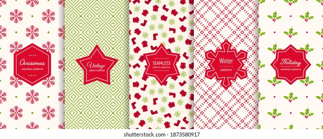Christmas seamless patterns collection. Vector set of winter holiday background swatches. Modern textures with snowflakes, mistletoes, gifts, nordic ornaments. Stylish labels. Elegant design for decor