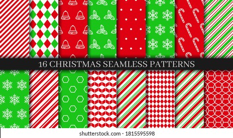 Christmas seamless patterns collection. Xmas New year texture. Festive seamless background with holly, bells, snowflakes, candycane lollipop and geometric ornament. Holiday wrapping paper. Vector