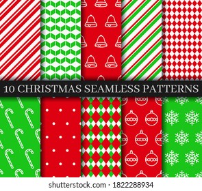 Christmas seamless patterns collection. Xmas New year texture. Festive seamless background with bells, snowflakes, candycane lollipop and geometric ornament. Holiday wrapping paper. Vector