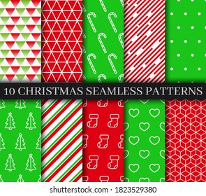Christmas seamless patterns collection. Xmas New year texture. Festive seamless background with holly, snowflakes, candycane lollipop and geometric ornament. Holiday wrapping paper. Vector