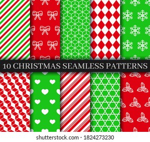 Christmas seamless patterns collection. Xmas New year texture. Festive seamless background with holly, snowflakes, candycane lollipop and geometric ornament. Holiday wrapping paper. Vector