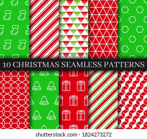 Christmas seamless patterns collection. Xmas New year texture. Festive seamless background with holiday socks, bells, candycane lollipop and geometric ornament. Holiday wrapping paper. Vector