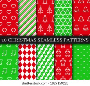 Christmas seamless patterns collection. Xmas New year texture. Festive seamless background with gingerbread, bells, socks, candycane lollipop and geometric ornament. Holiday wrapping paper. Vector
