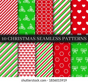 Christmas seamless patterns collection. Xmas New year texture. Festive seamless background with holly, candycane lollipop and geometric ornament. Holiday wrapping paper. Vector
