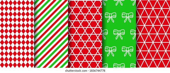 Christmas seamless patterns collection. Xmas texture swatches. Festive seamless background with new year, candycane stripes and geometric ornament. Holiday wrapping paper. Vector