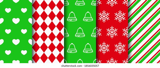 Christmas seamless patterns collection. Xmas texture swatches. Holiday wrapping paper. Festive seamless background with new year, candycane stripes, geometric and hearts ornament. Vector