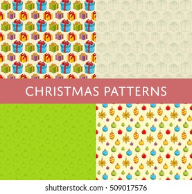 Christmas seamless patterns. Colorful and line gifts, ball toys for Christmas tree decoration vectors on color backgrounds. 