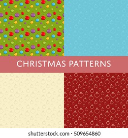 Christmas seamless patterns. Colorful and line ball toys for Christmas tree decoration vectors on color backgrounds.