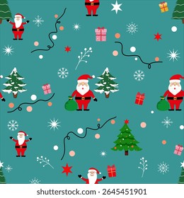 Christmas seamless patterns with cute santa claus and snowflakes on a green background. vector design template.