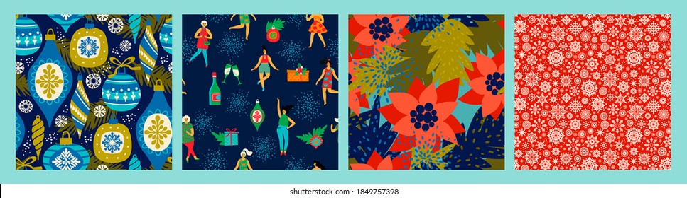 Christmas seamless patterns with dancing women and New Year symbols. Trendy vintage style. Retro party. Vector.