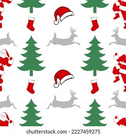 Christmas Seamless Patterns with deer, trees, sock, hat and santa elements perfect for present and background