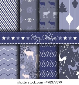 Christmas seamless patterns with deers and stars. Vector set of seamless patterns. Winter holiday backgrounds.